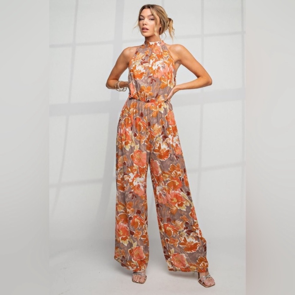 Easel Floral Halter Jumpsuit in Orange and Brown